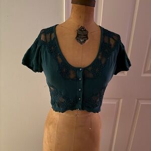 Betsey Johnson Teal Lace Short Sleeve Cardigan